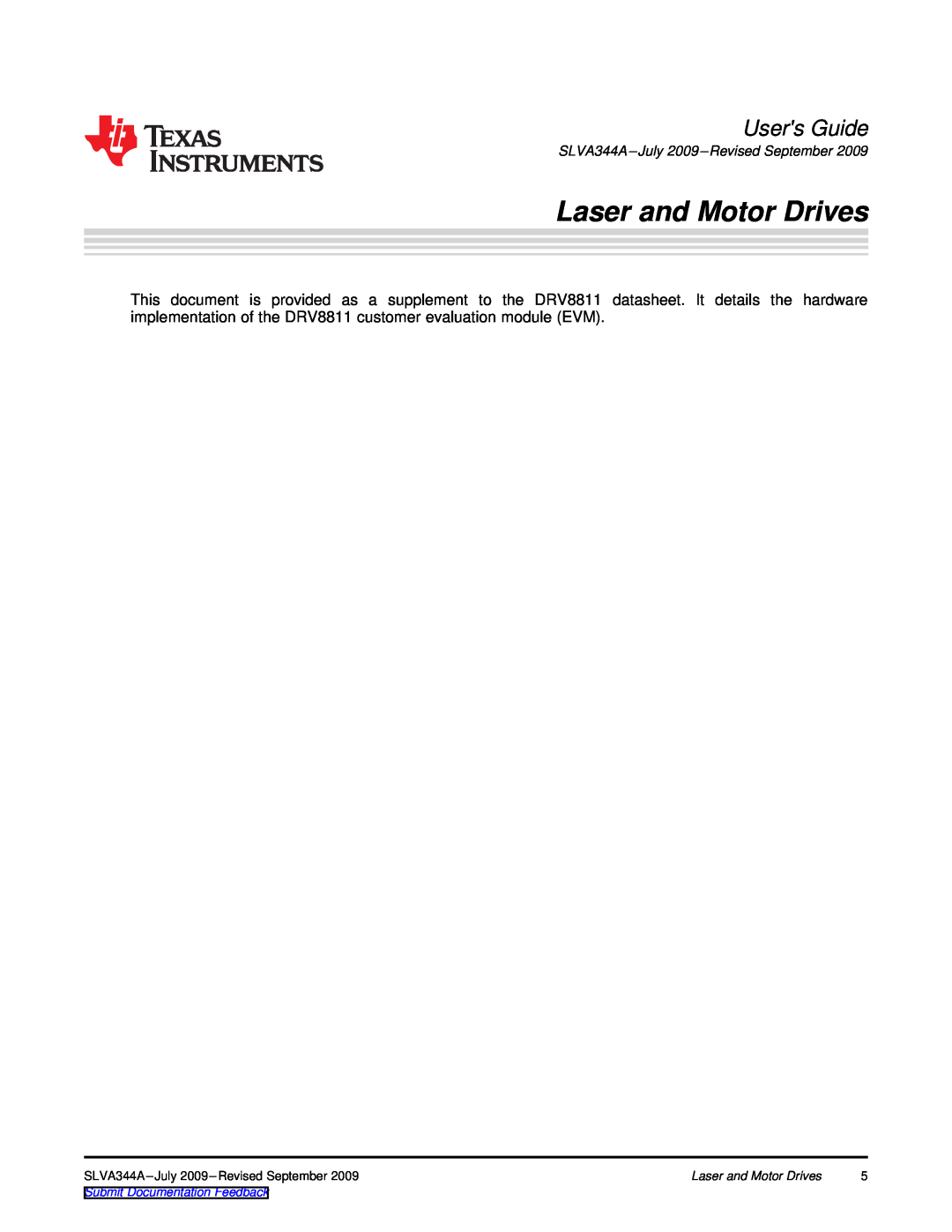 Texas Instruments DRV8811EVM manual Laser and Motor Drives, Users Guide, SLVA344A-July 2009-Revised September 