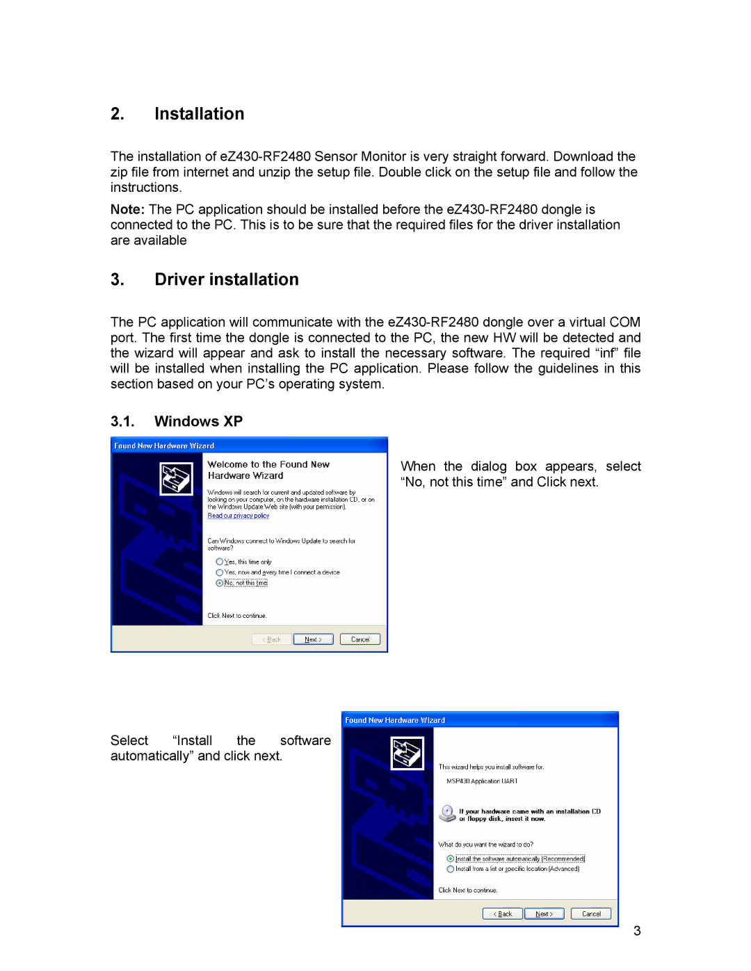 Texas Instruments eZ430-RF2480 manual Installation, Driver installation, Windows XP 