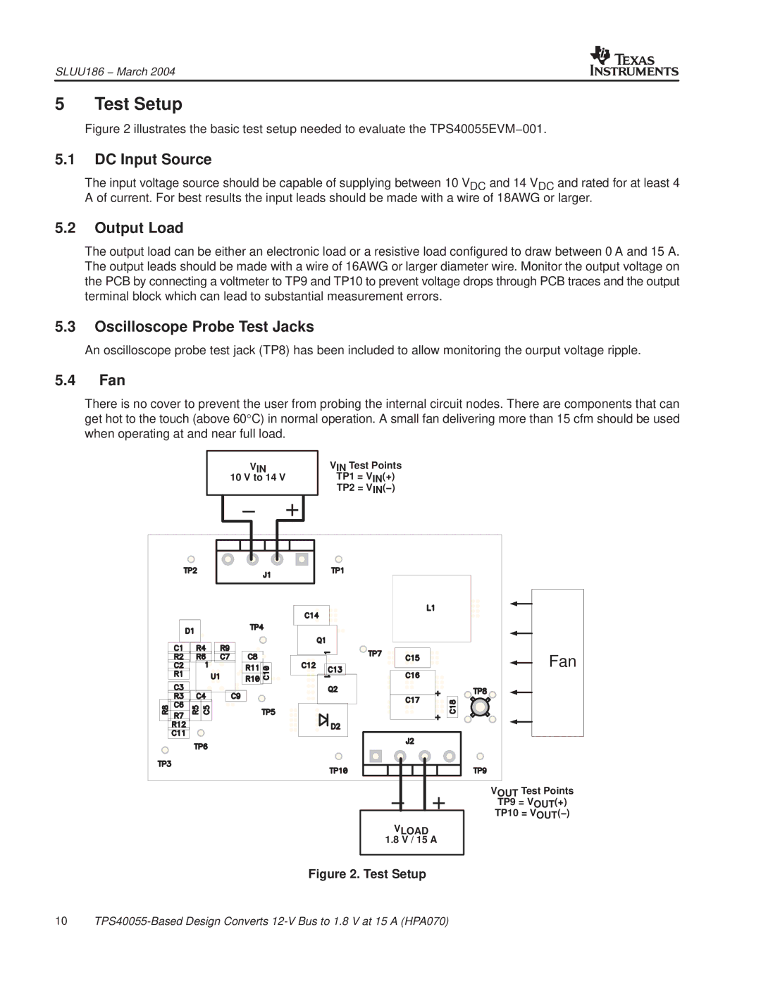 Texas Instruments HPA070 manual Test Setup, DC Input Source, Output Load, Oscilloscope Probe Test Jacks, Fan 