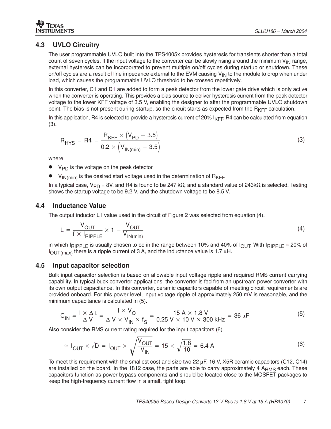 Texas Instruments HPA070 manual Uvlo Circuitry, Inductance Value, Input capacitor selection 