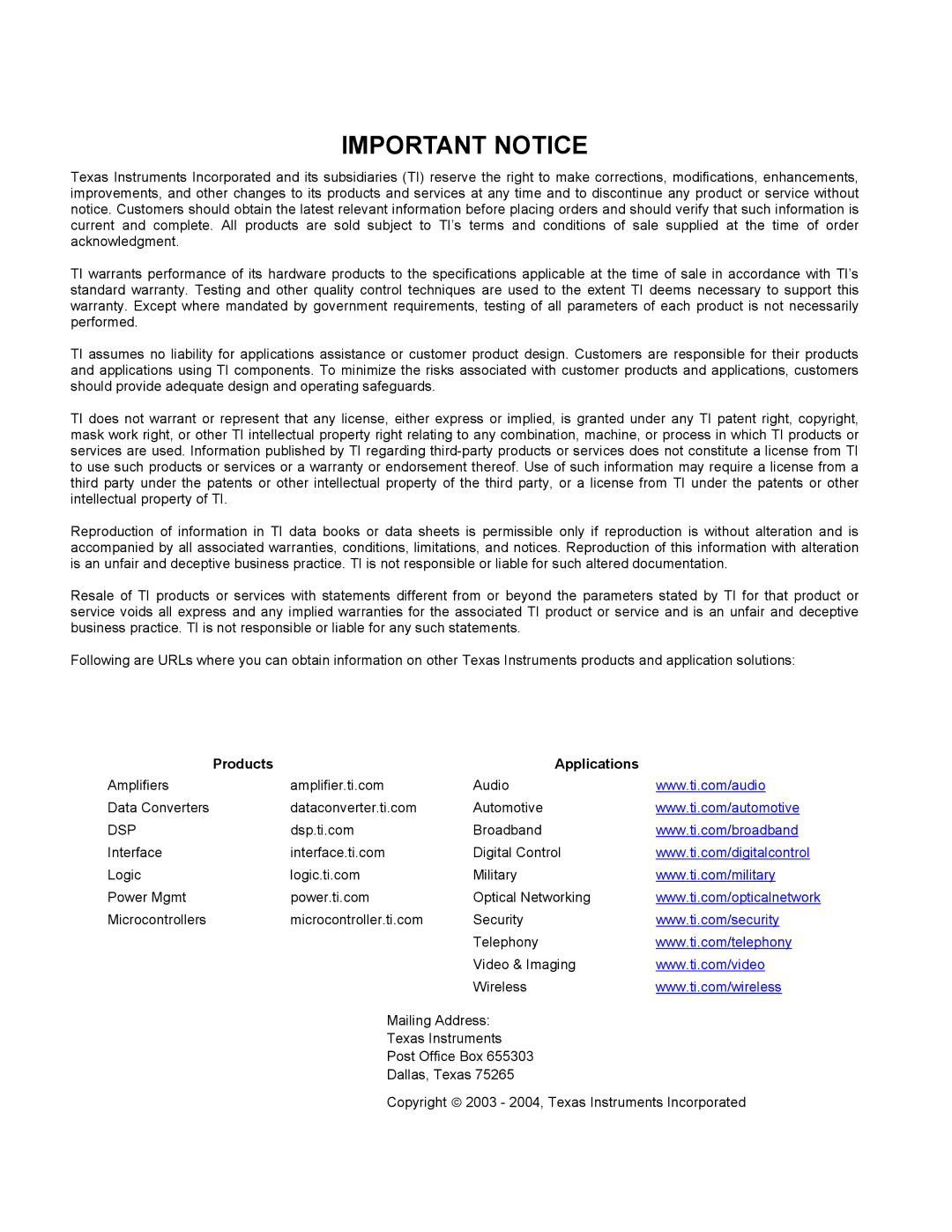 Texas Instruments HPL-D SLLU064A manual Important Notice 