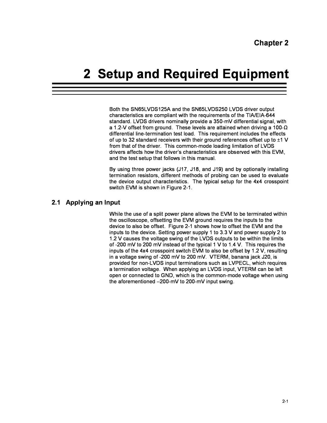 Texas Instruments HPL-D SLLU064A manual Setup and Required Equipment, Applying an Input, Chapter 