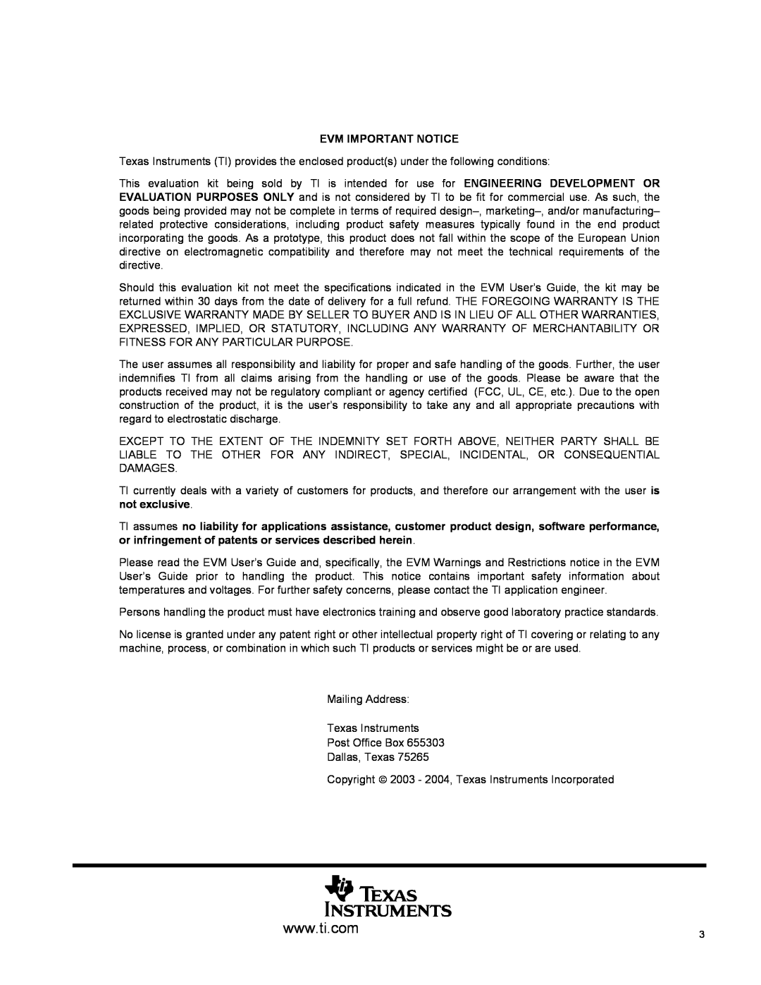 Texas Instruments HPL-D SLLU064A manual Evm Important Notice 