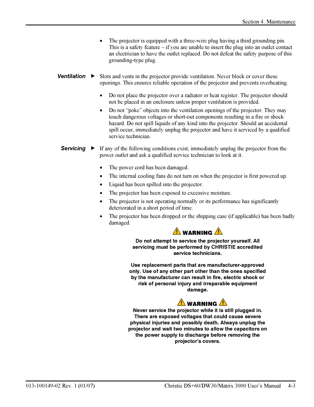 Texas Instruments MATRIX 3000 user manual Rev 01/07 Christie DS+60/DW30/Matrix 3000 User’s Manual 