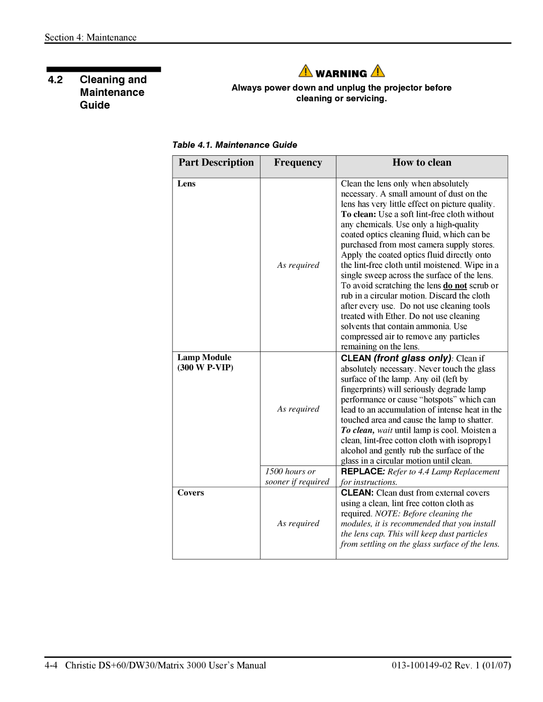 Texas Instruments DW30, MATRIX 3000 user manual Cleaning and Maintenance Guide, Part Description Frequency 