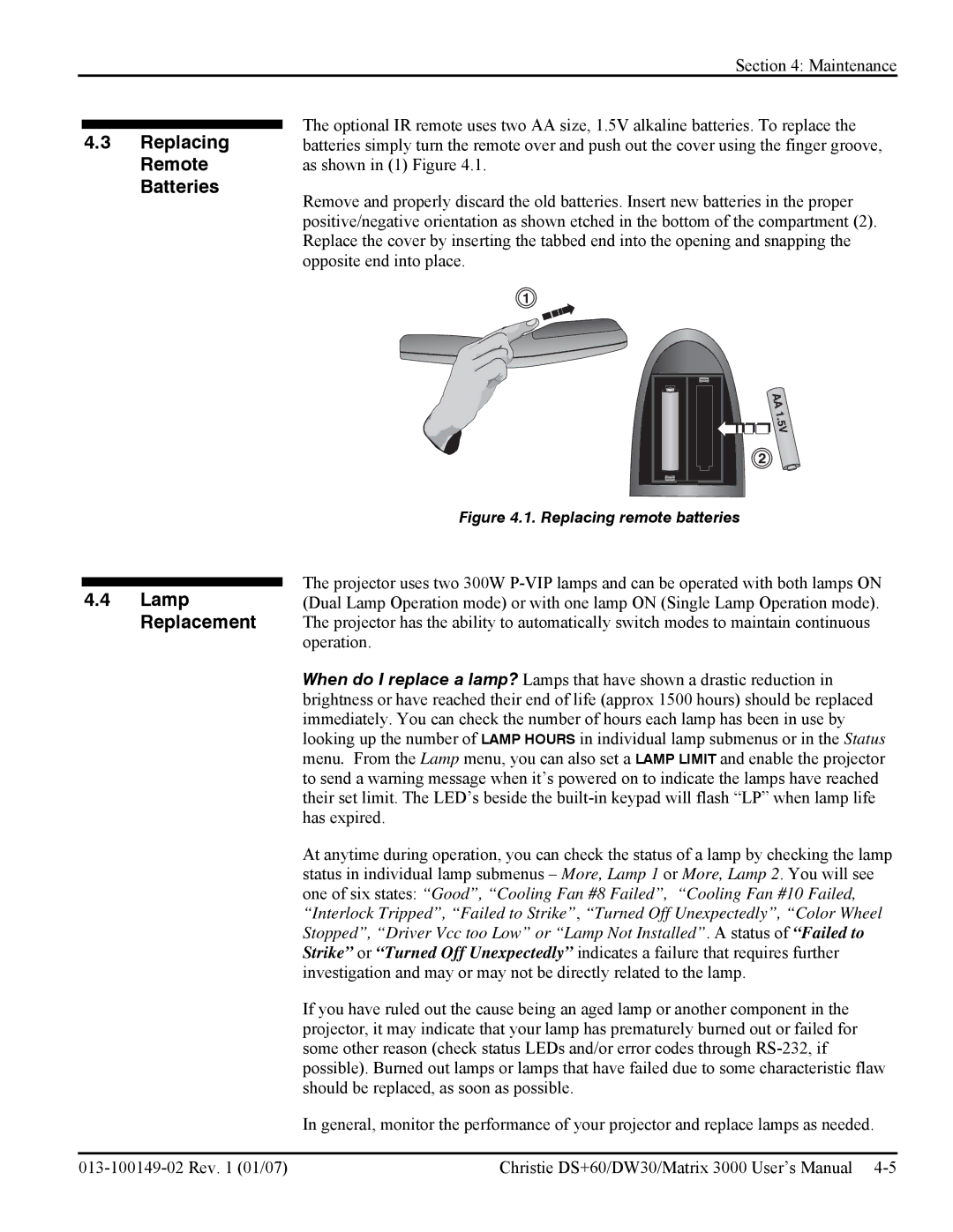 Texas Instruments MATRIX 3000, DW30 user manual Replacing Remote Batteries, Lamp Replacement 