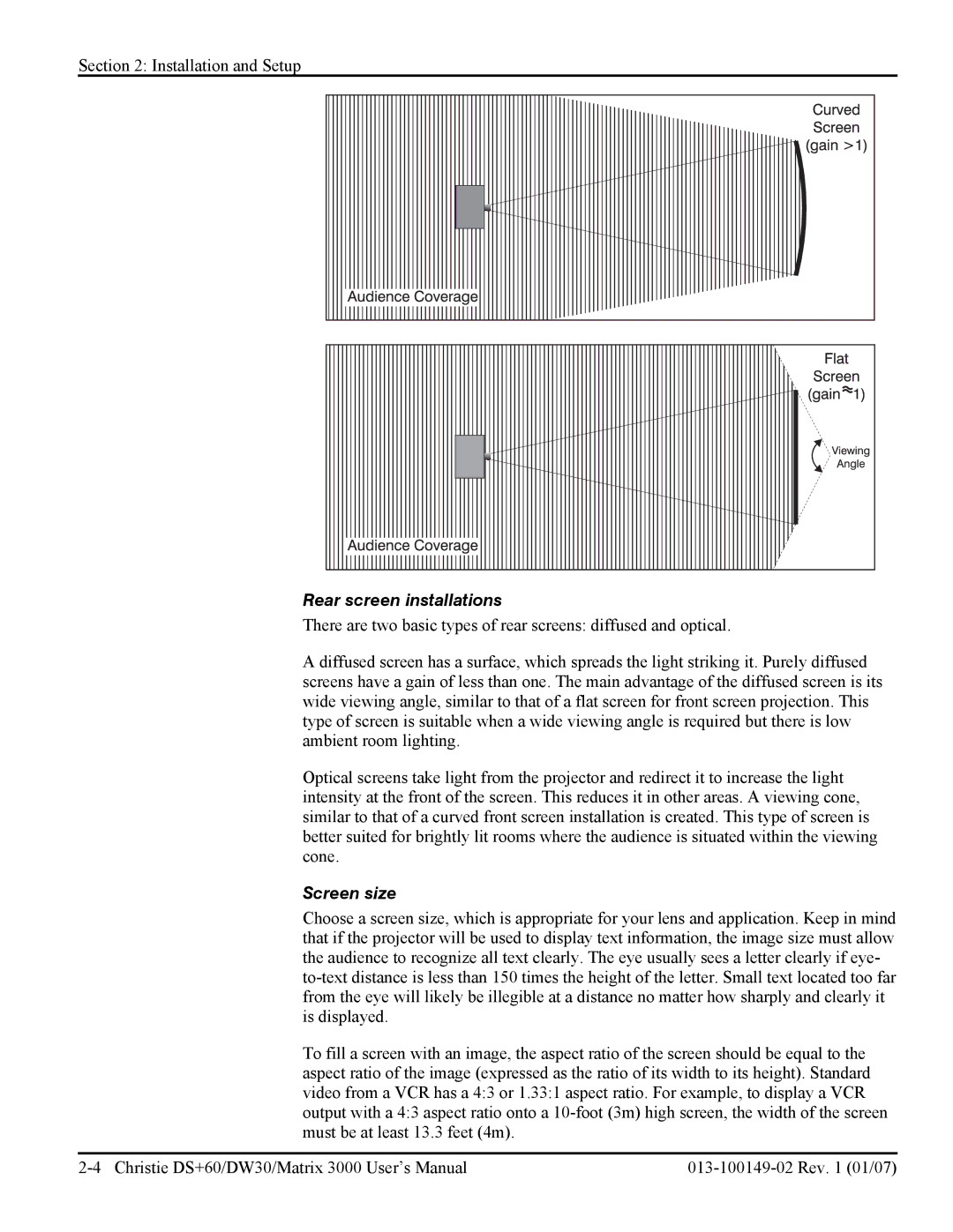 Texas Instruments DW30, MATRIX 3000 user manual Rear screen installations, Screen size 