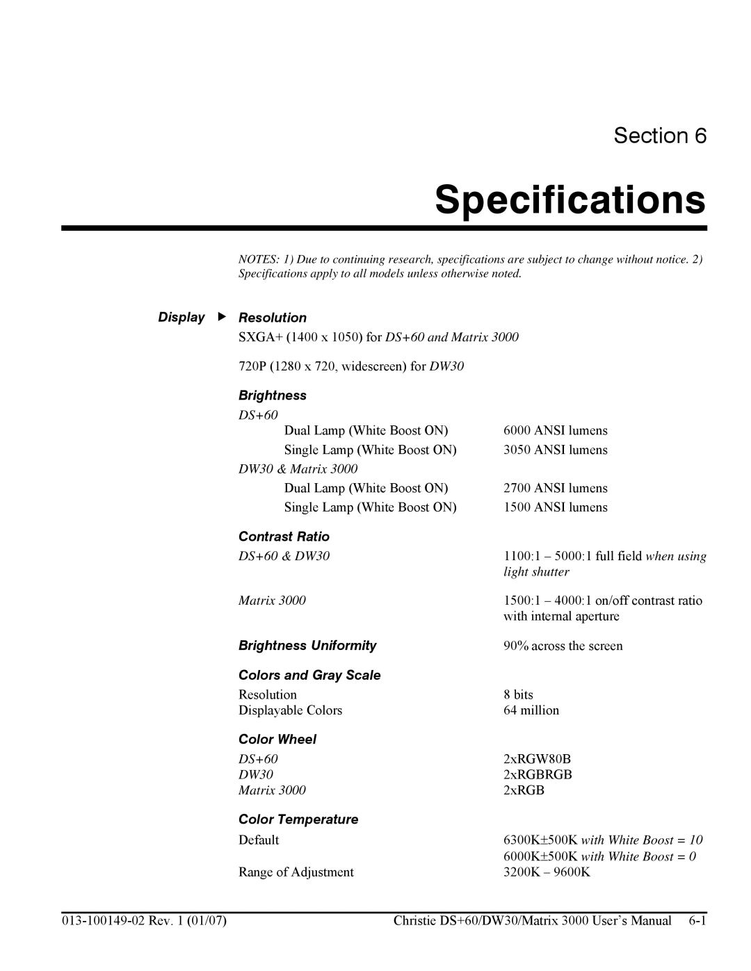 Texas Instruments MATRIX 3000, DW30 user manual Specifications 