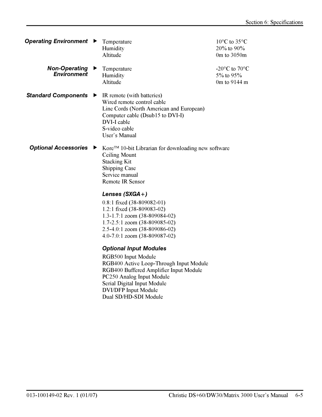 Texas Instruments MATRIX 3000, DW30 Non-Operating f Temperature, Environment, Standard Components, Optional Accessories 