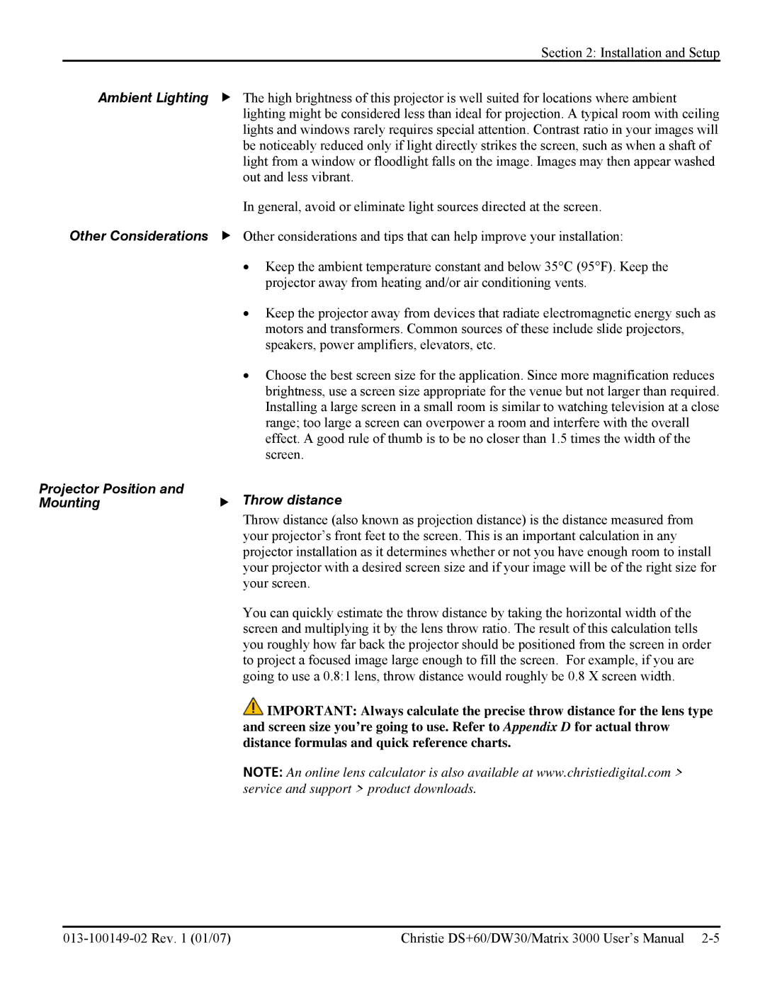 Texas Instruments MATRIX 3000, DW30 Projector Position Throw distance Mounting, Service and support product downloads 