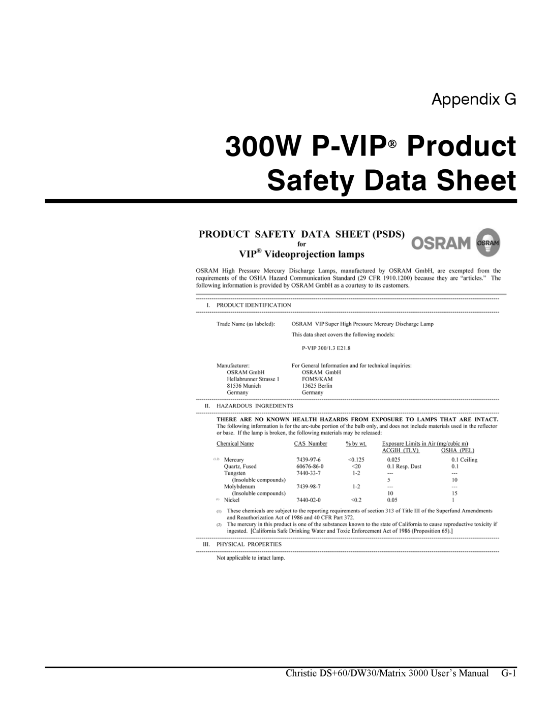 Texas Instruments MATRIX 3000, DW30 user manual 300W P-VIPProduct Safety Data Sheet 