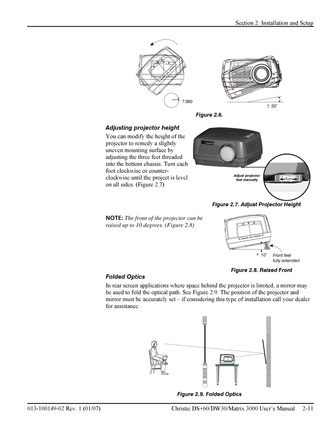 Texas Instruments MATRIX 3000, DW30 user manual Adjusting projector height, Folded Optics 