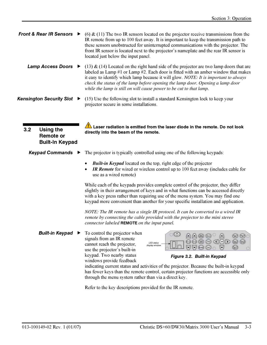 Texas Instruments MATRIX 3000, DW30 Using the Remote or Built-In Keypad, Front & Rear IR Sensors, Lamp Access Doors 