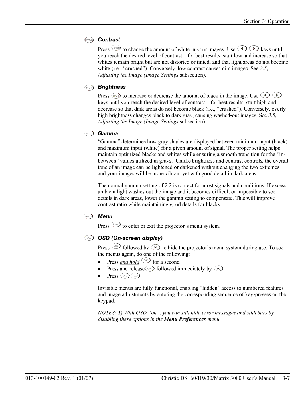 Texas Instruments MATRIX 3000, DW30 user manual Contrast, Brightness, Gamma, Menu, OSD On-screen display 