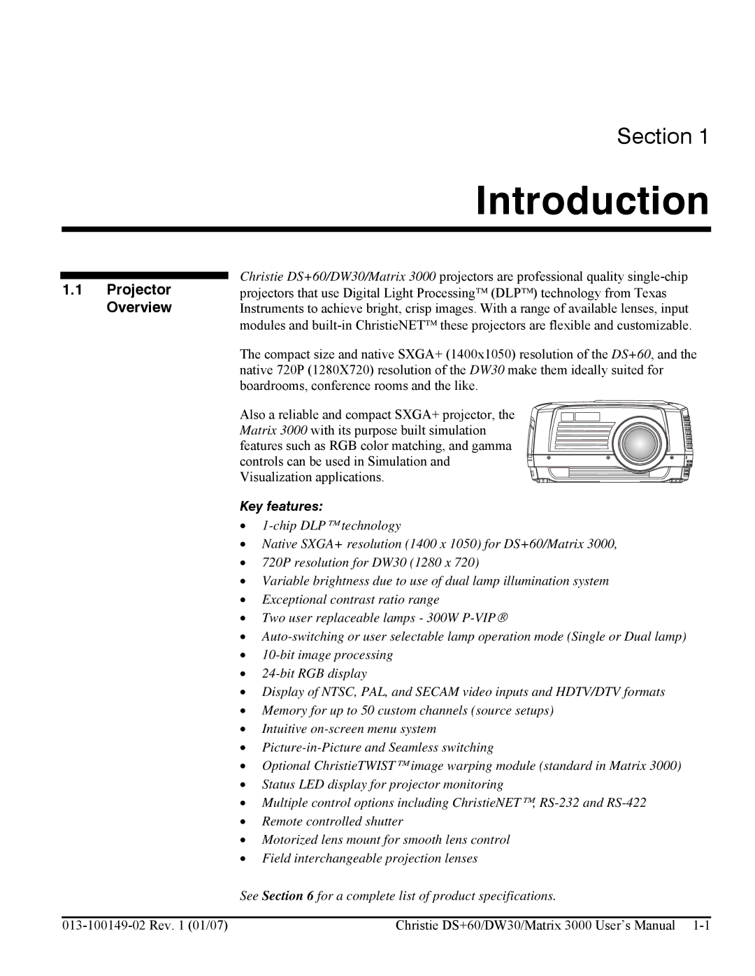 Texas Instruments MATRIX 3000, DW30 user manual Introduction, Projector Overview, Key features 