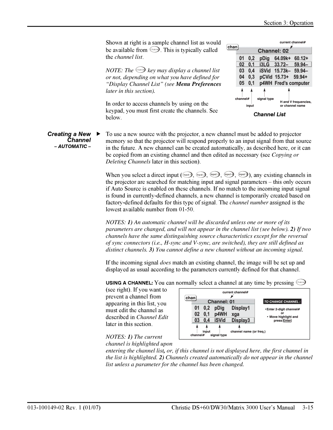 Texas Instruments MATRIX 3000 Channel is highlighted upon, List unless a parameter for the channel has been changed 