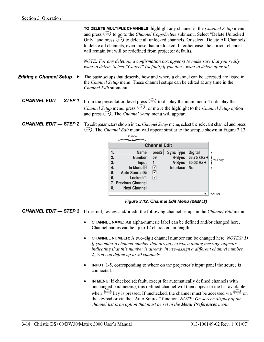 Texas Instruments DW30, MATRIX 3000 user manual Channel Edit Step 