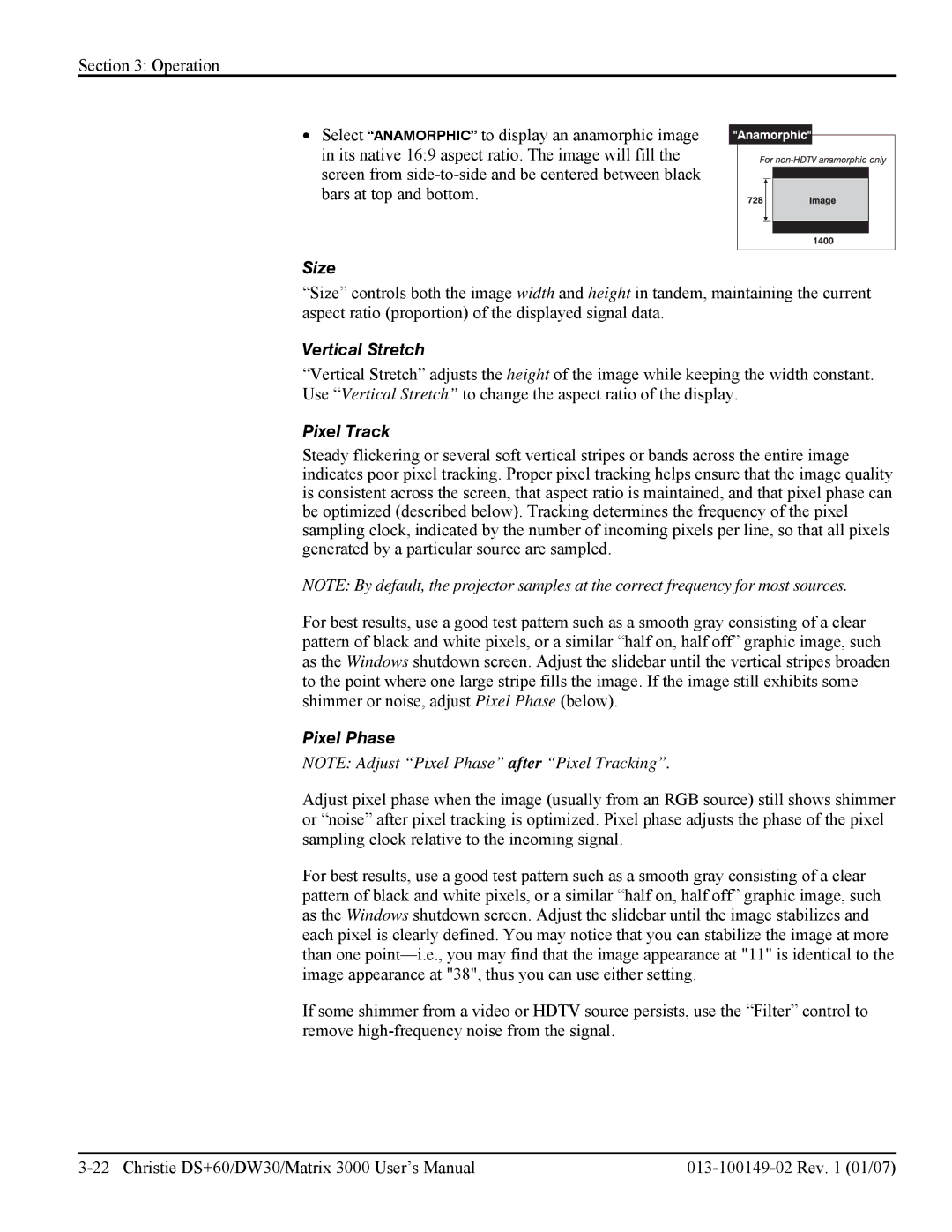 Texas Instruments DW30, MATRIX 3000 user manual Size, Vertical Stretch, Pixel Track, Pixel Phase 