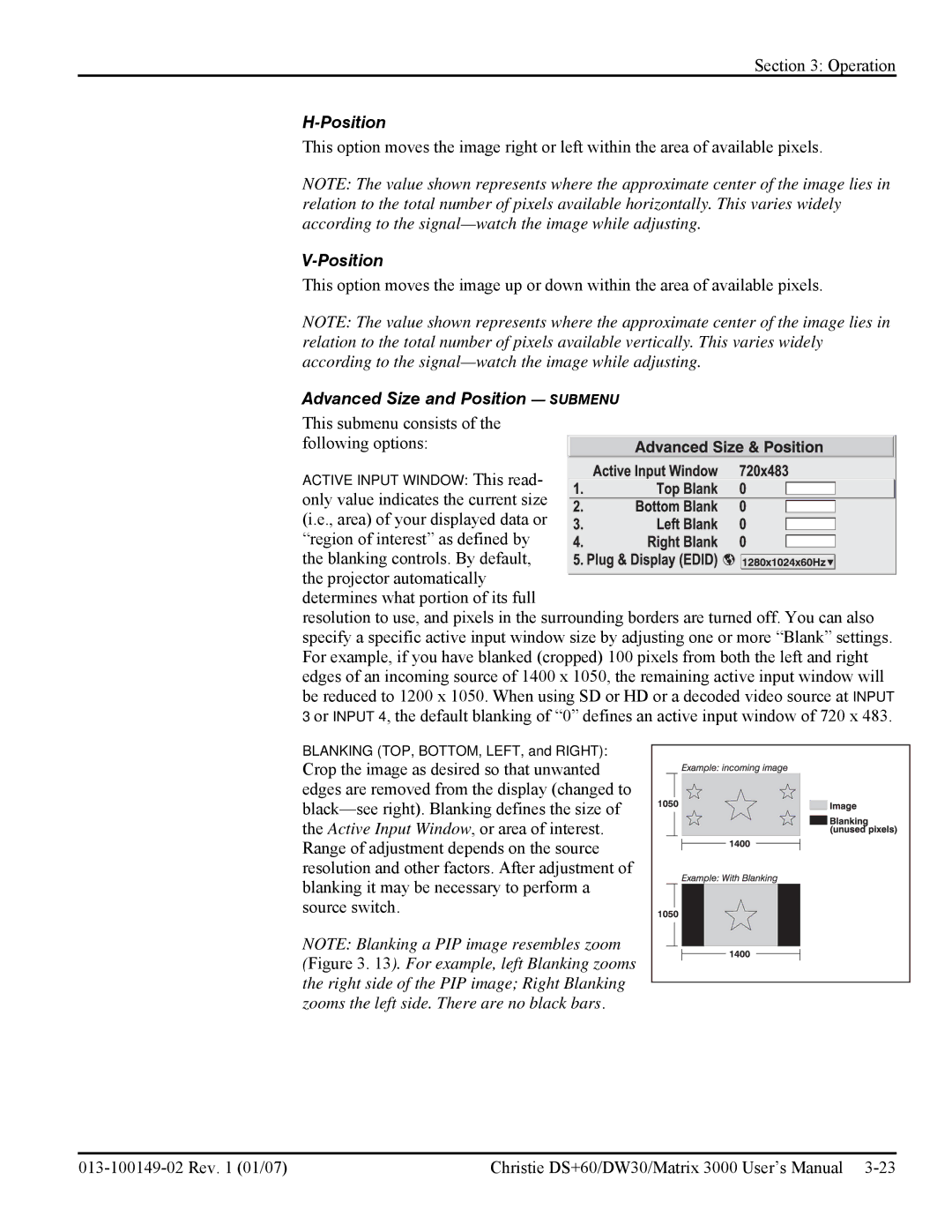 Texas Instruments MATRIX 3000, DW30 user manual Advanced Size and Position Submenu 