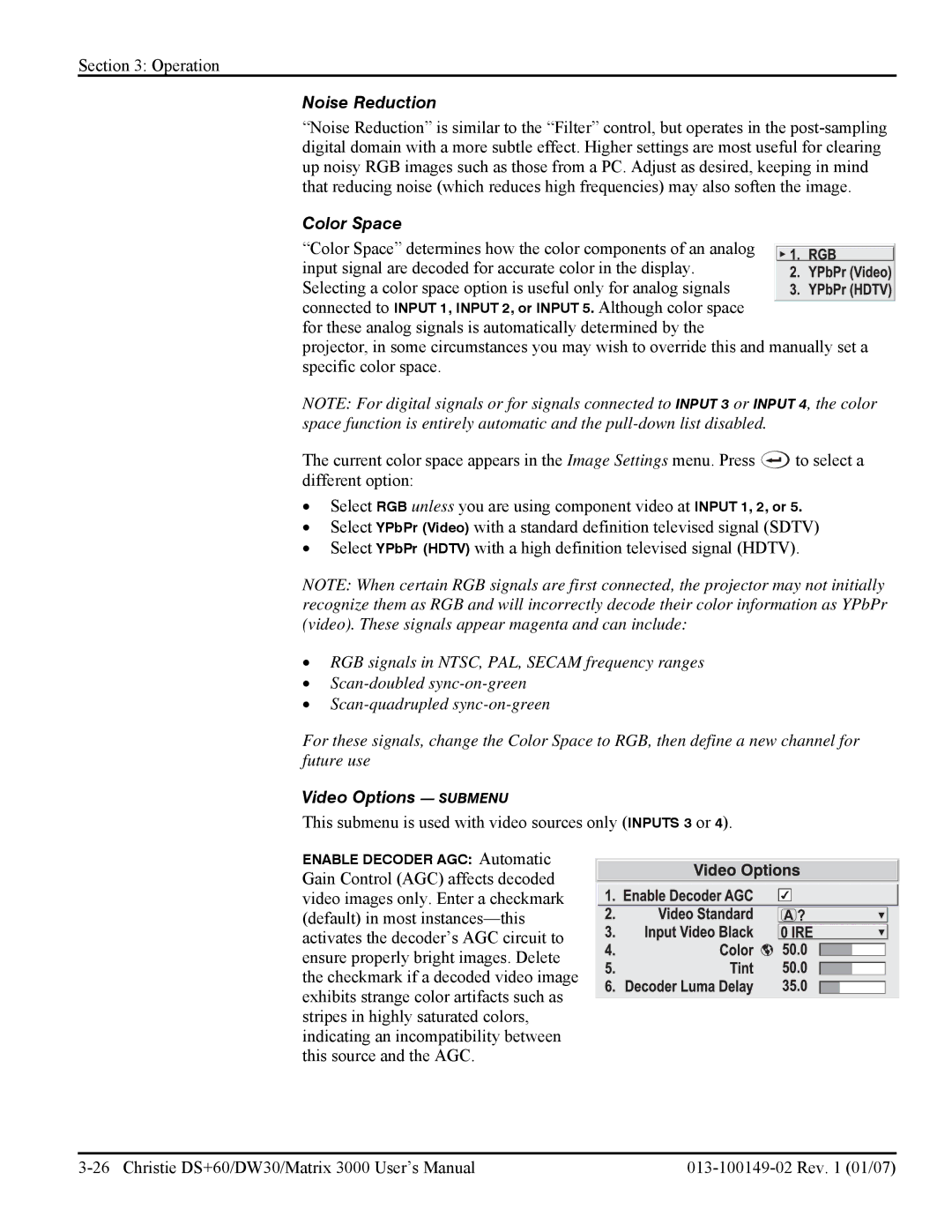 Texas Instruments DW30, MATRIX 3000 user manual Noise Reduction, Color Space, Video Options Submenu 