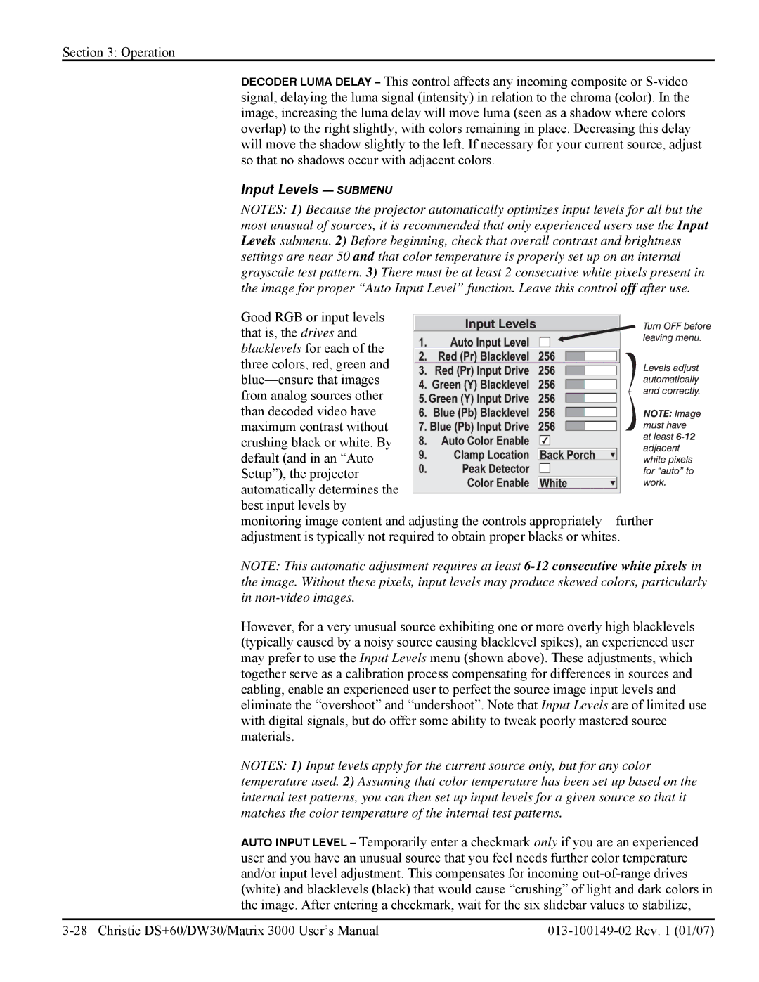 Texas Instruments DW30, MATRIX 3000 user manual Input Levels Submenu 