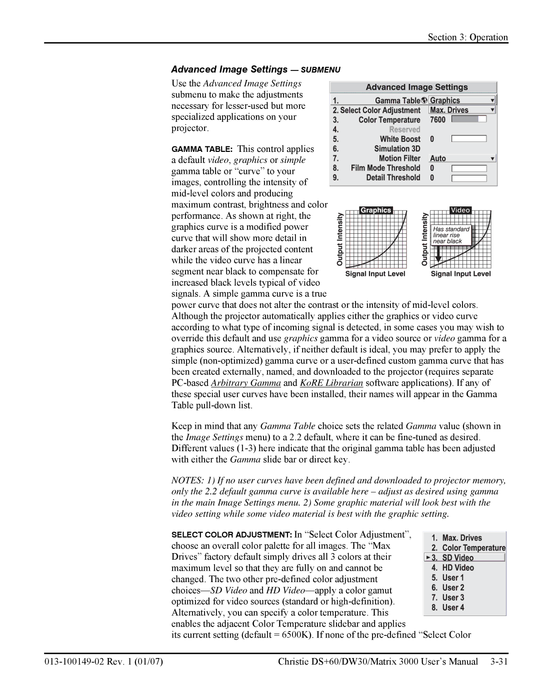 Texas Instruments MATRIX 3000, DW30 user manual Advanced Image Settings Submenu 