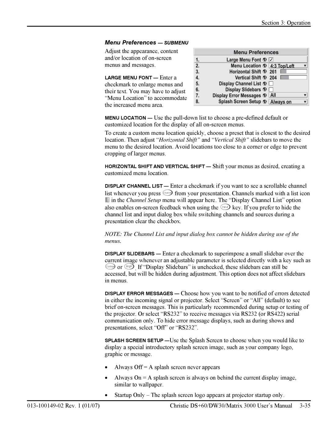 Texas Instruments MATRIX 3000, DW30 user manual Menu Preferences Submenu 