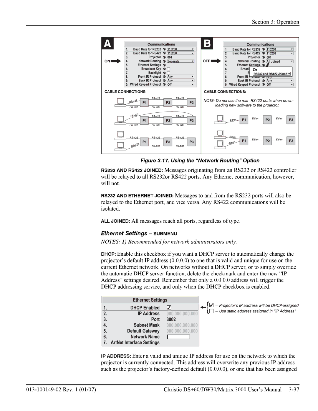 Texas Instruments MATRIX 3000, DW30 user manual Ethernet Settings Submenu, Using the Network Routing Option 