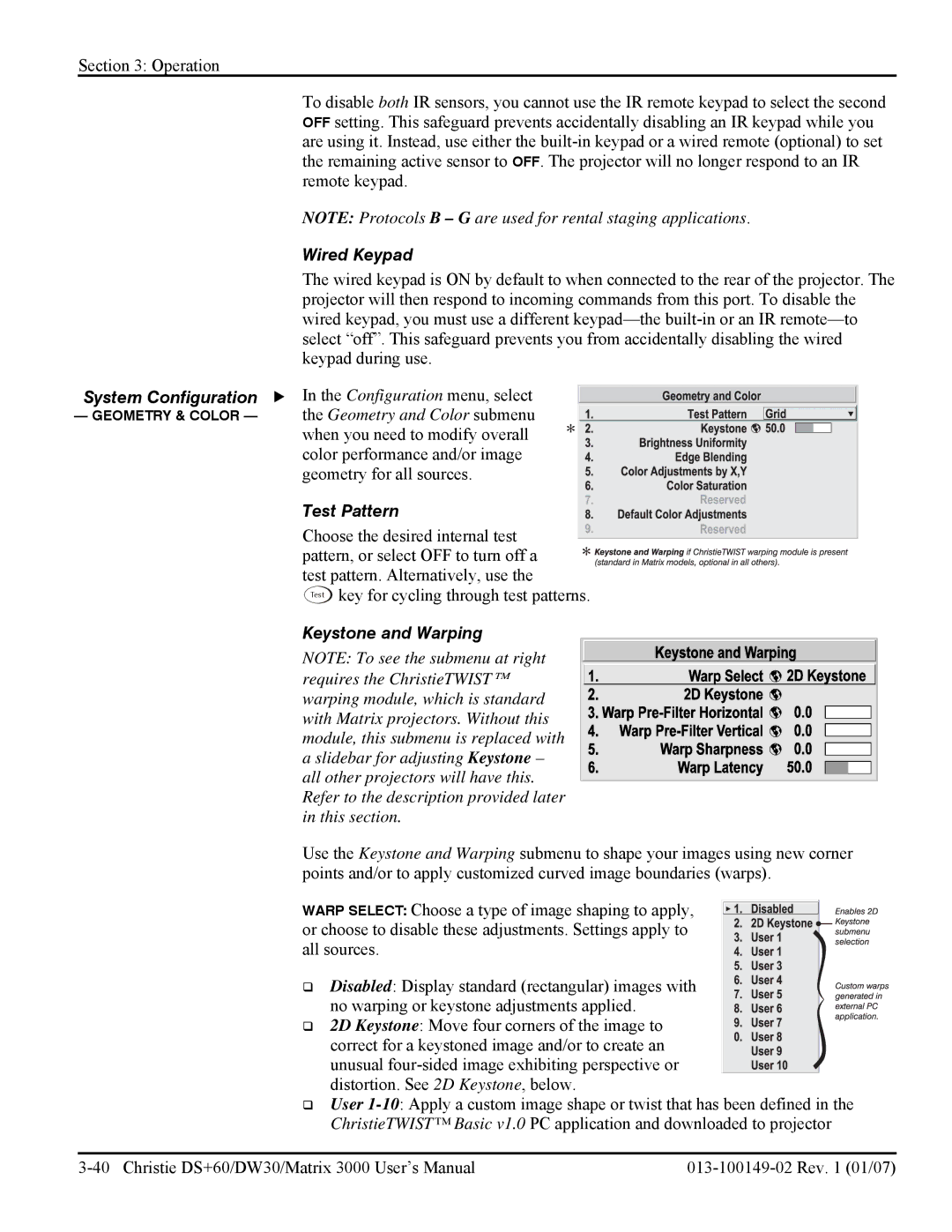 Texas Instruments DW30 Wired Keypad, System Configuration, Geometry and Color submenu, Test Pattern, Keystone and Warping 