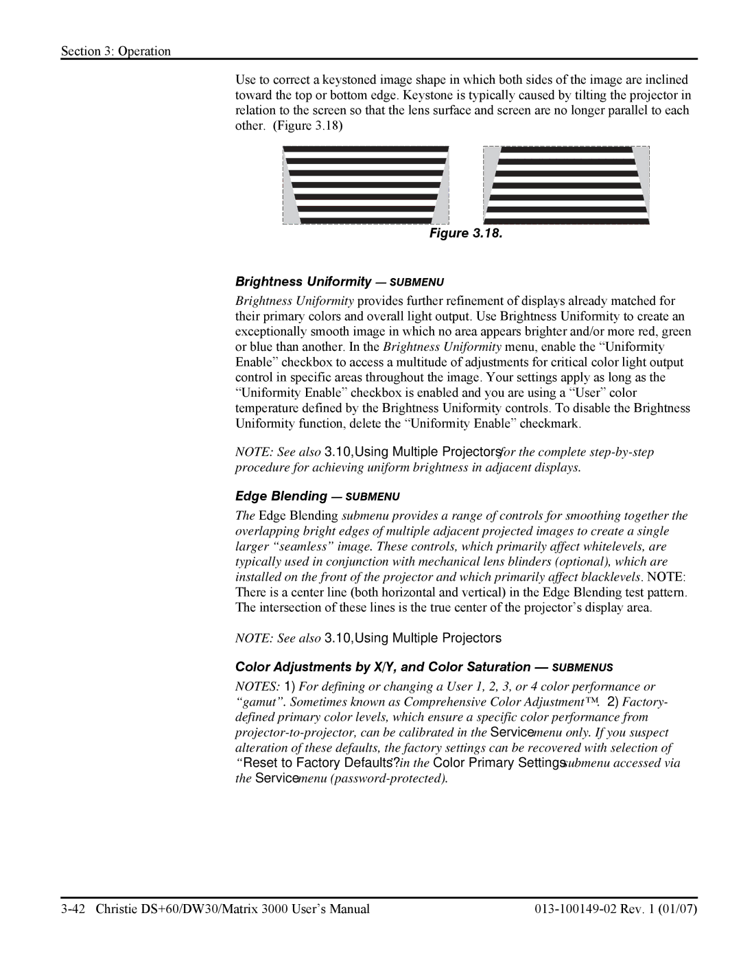 Texas Instruments DW30, MATRIX 3000 user manual Brightness Uniformity Submenu, Edge Blending Submenu 