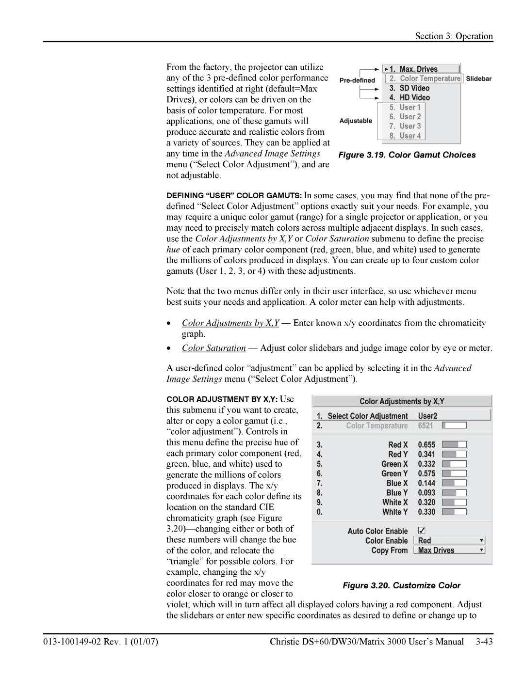 Texas Instruments MATRIX 3000, DW30 user manual Any time in the Advanced Image Settings, Color Gamut Choices 