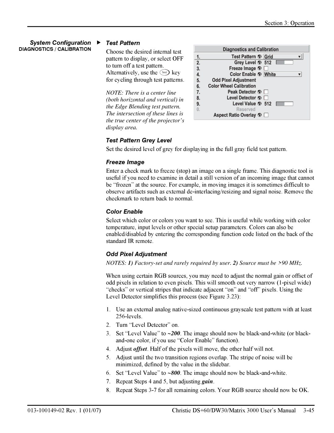 Texas Instruments MATRIX 3000, DW30 System Configuration Test Pattern, Test Pattern Grey Level, Freeze Image, Color Enable 