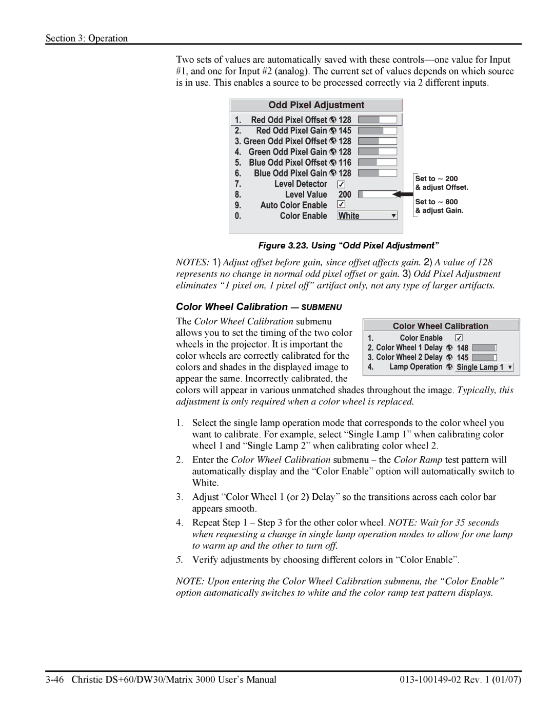 Texas Instruments DW30, MATRIX 3000 user manual Color Wheel Calibration Submenu, Color Wheel Calibration submenu 