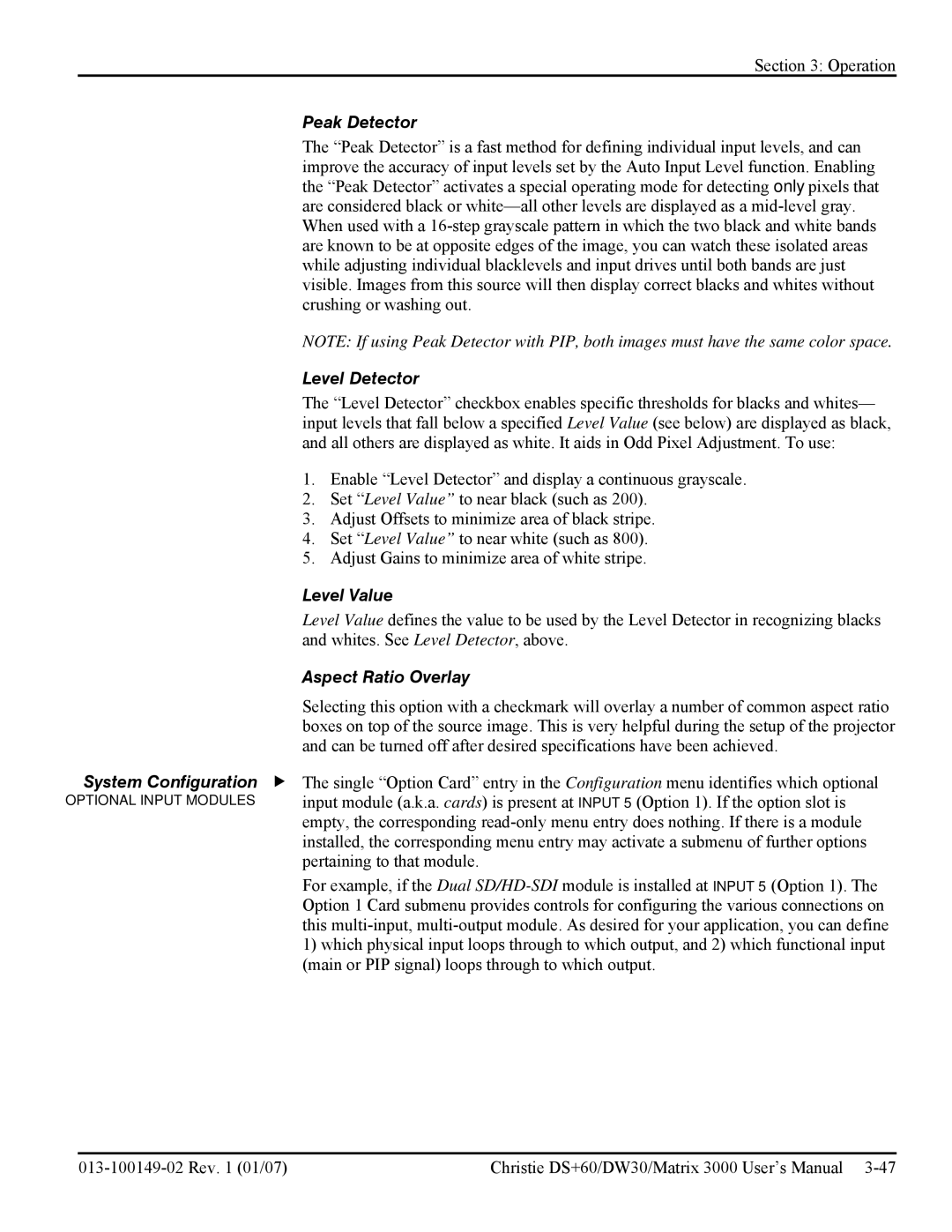 Texas Instruments MATRIX 3000, DW30 user manual Peak Detector, Level Detector, Level Value, Aspect Ratio Overlay 