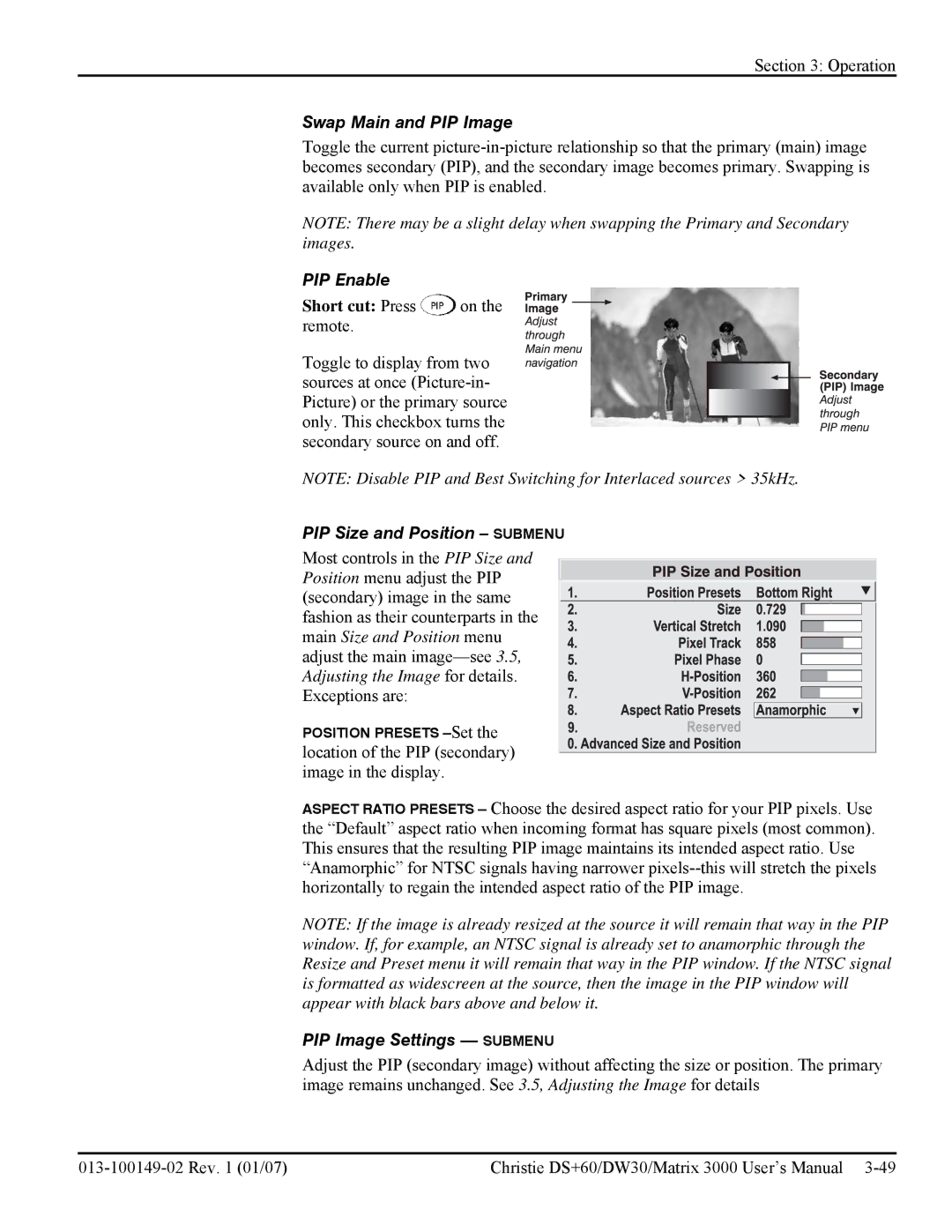 Texas Instruments MATRIX 3000, DW30 user manual Swap Main and PIP Image, PIP Enable, PIP Size and Position Submenu 