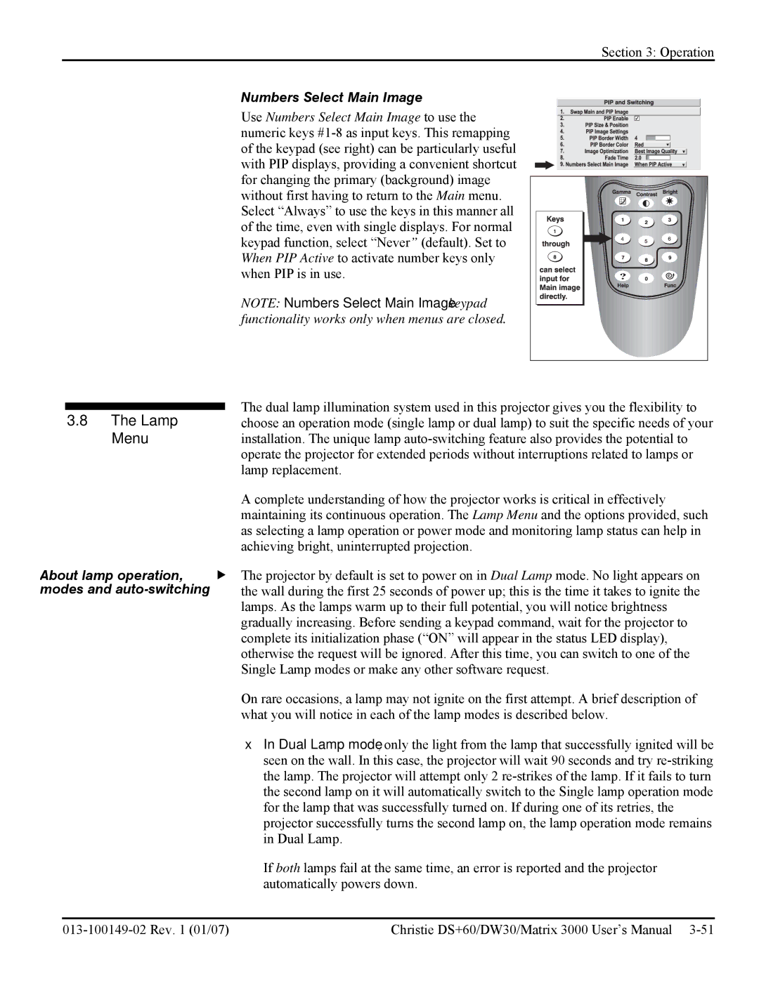 Texas Instruments MATRIX 3000, DW30 Lamp, Menu, Numbers Select Main Image, About lamp operation, Modes and auto-switching 