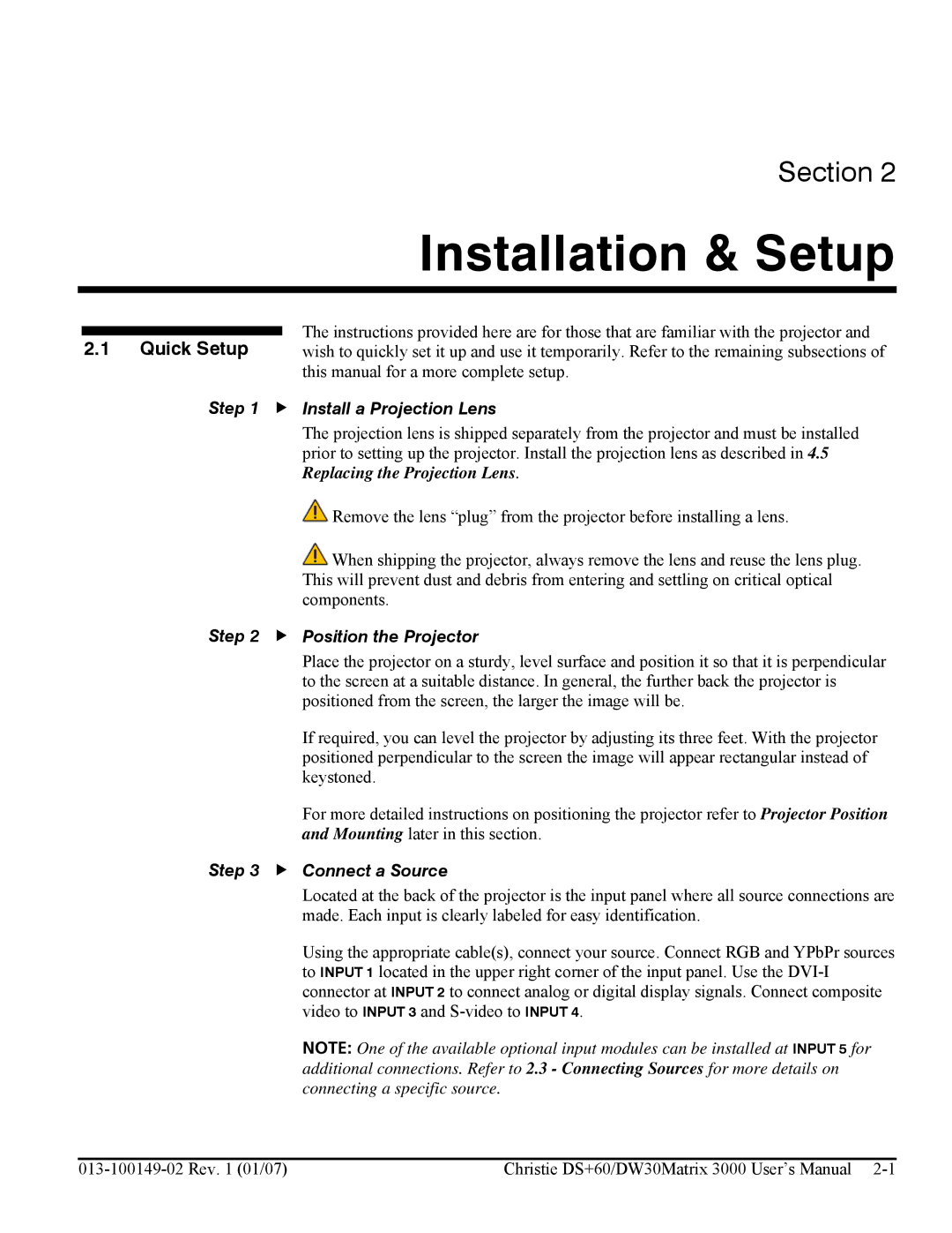 Texas Instruments MATRIX 3000 Installation & Setup, Install a Projection Lens, Position the Projector, Connect a Source 