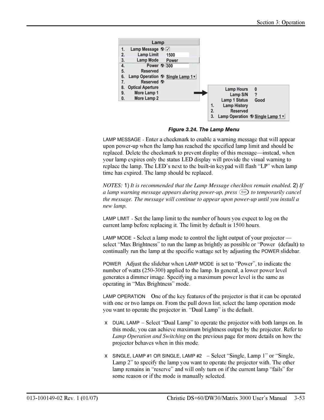 Texas Instruments MATRIX 3000, DW30 user manual The Lamp Menu 