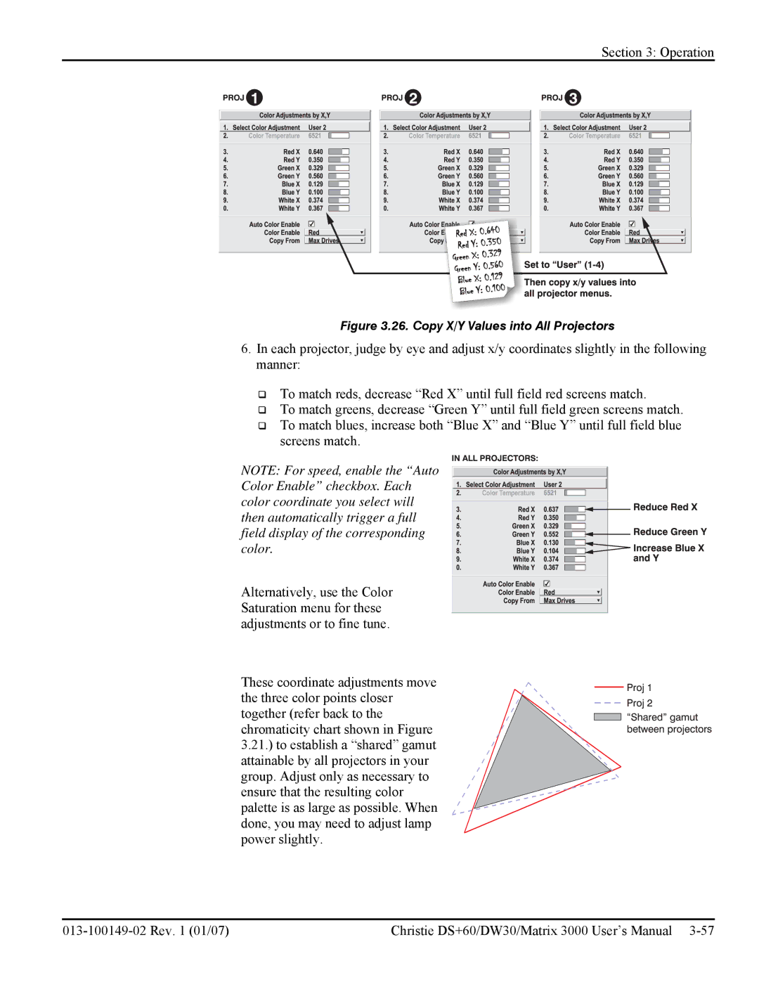 Texas Instruments MATRIX 3000, DW30 user manual Copy X/Y Values into All Projectors 