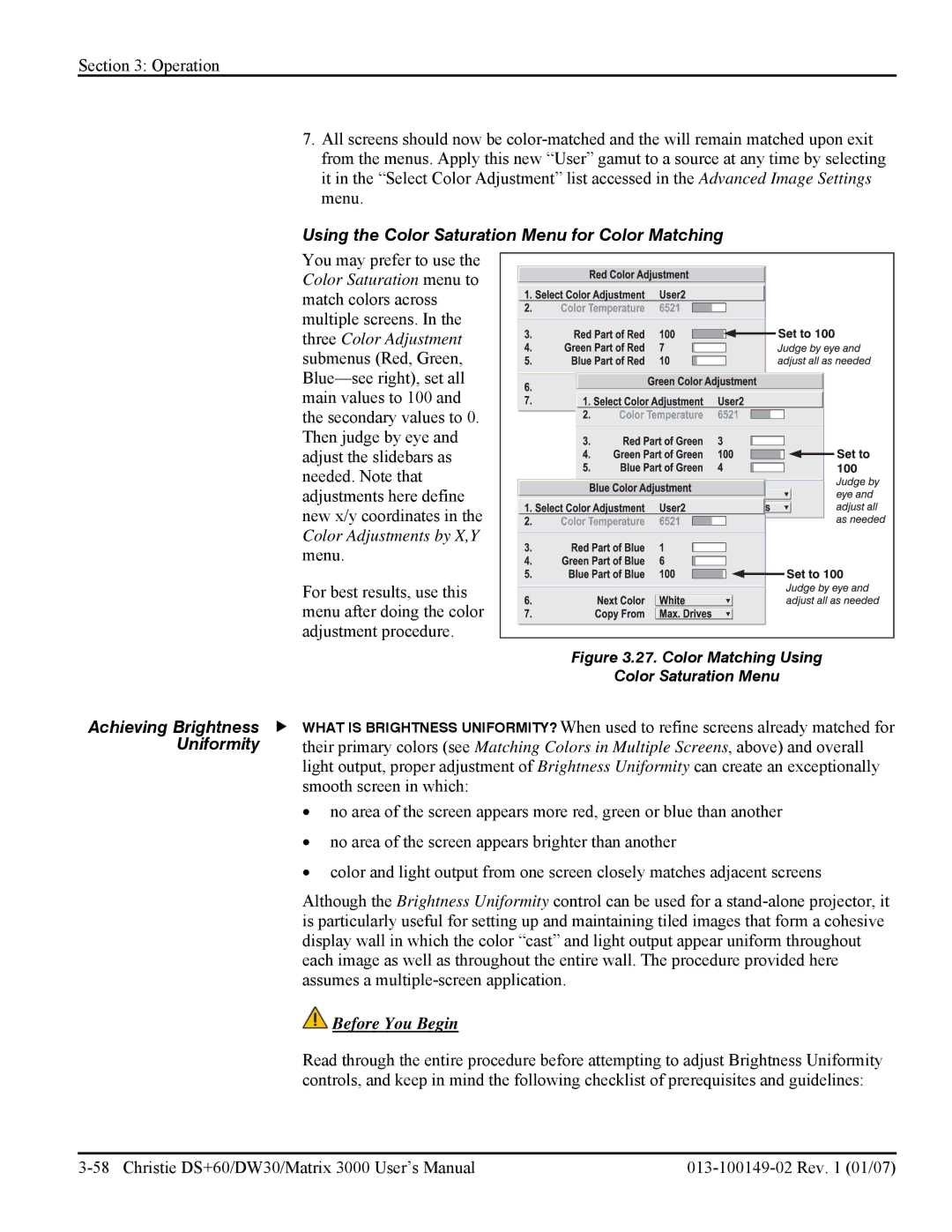 Texas Instruments DW30, MATRIX 3000 user manual Using the Color Saturation Menu for Color Matching, Uniformity 