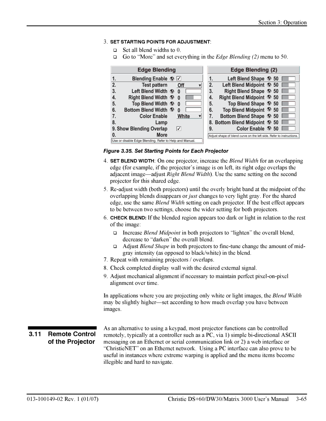 Texas Instruments MATRIX 3000, DW30 user manual Remote Control of the Projector, Set Starting Points for Each Projector 