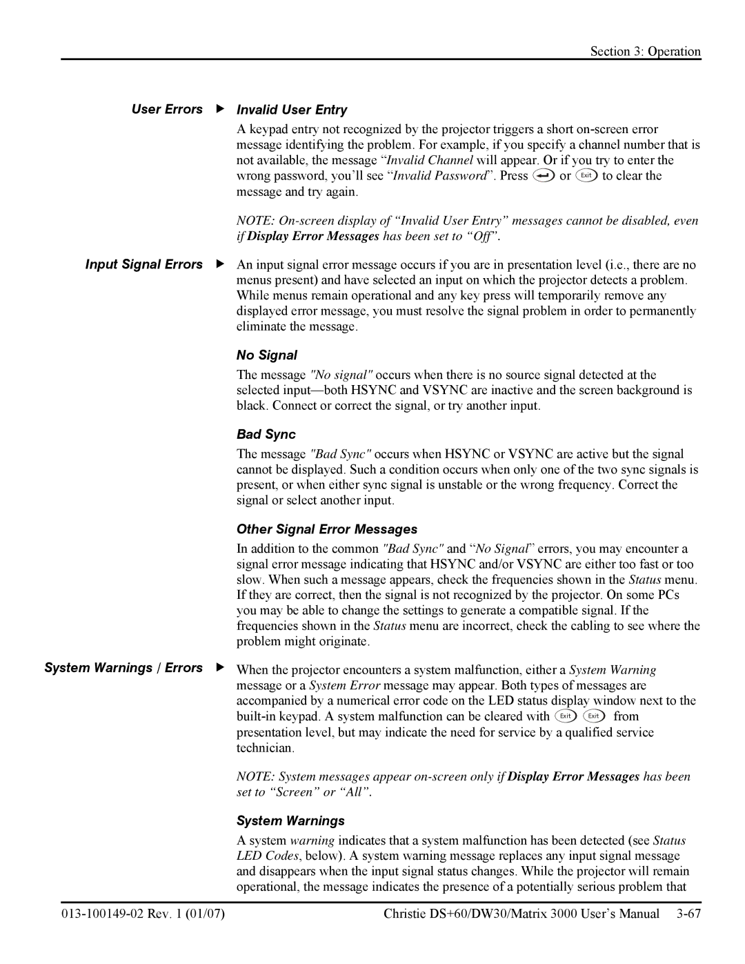 Texas Instruments MATRIX 3000 User Errors Invalid User Entry, Input Signal Errors, No Signal, Bad Sync, System Warnings 