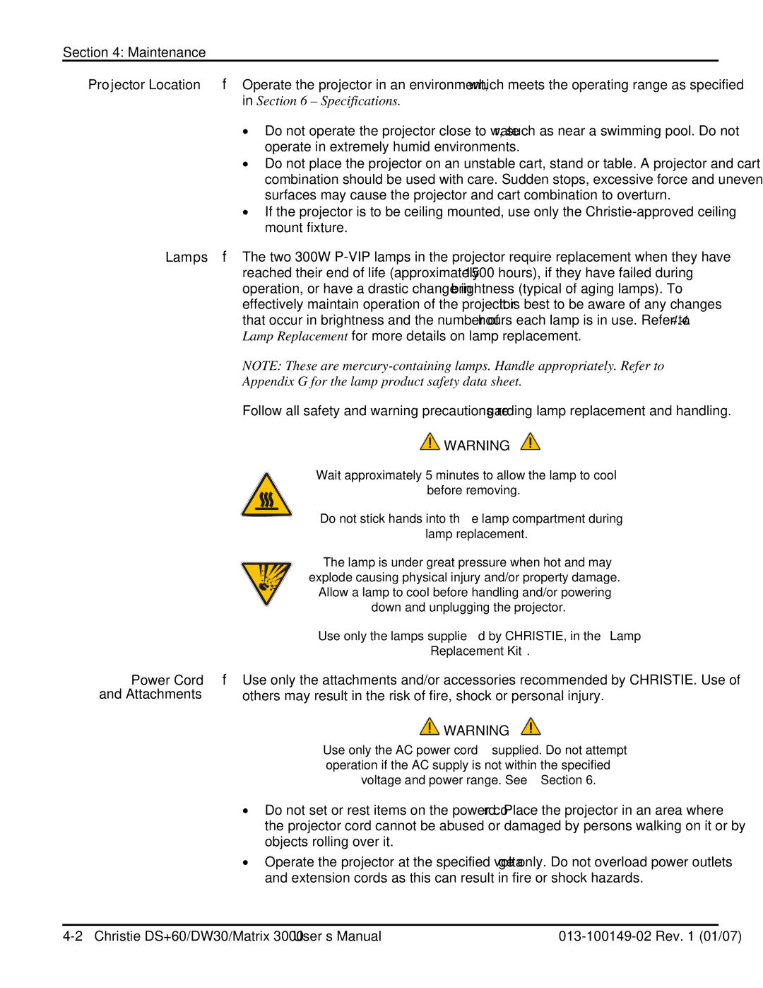 Texas Instruments DW30, MATRIX 3000 user manual Lamps, Appendix G for the lamp product safety data sheet, Power Cord 