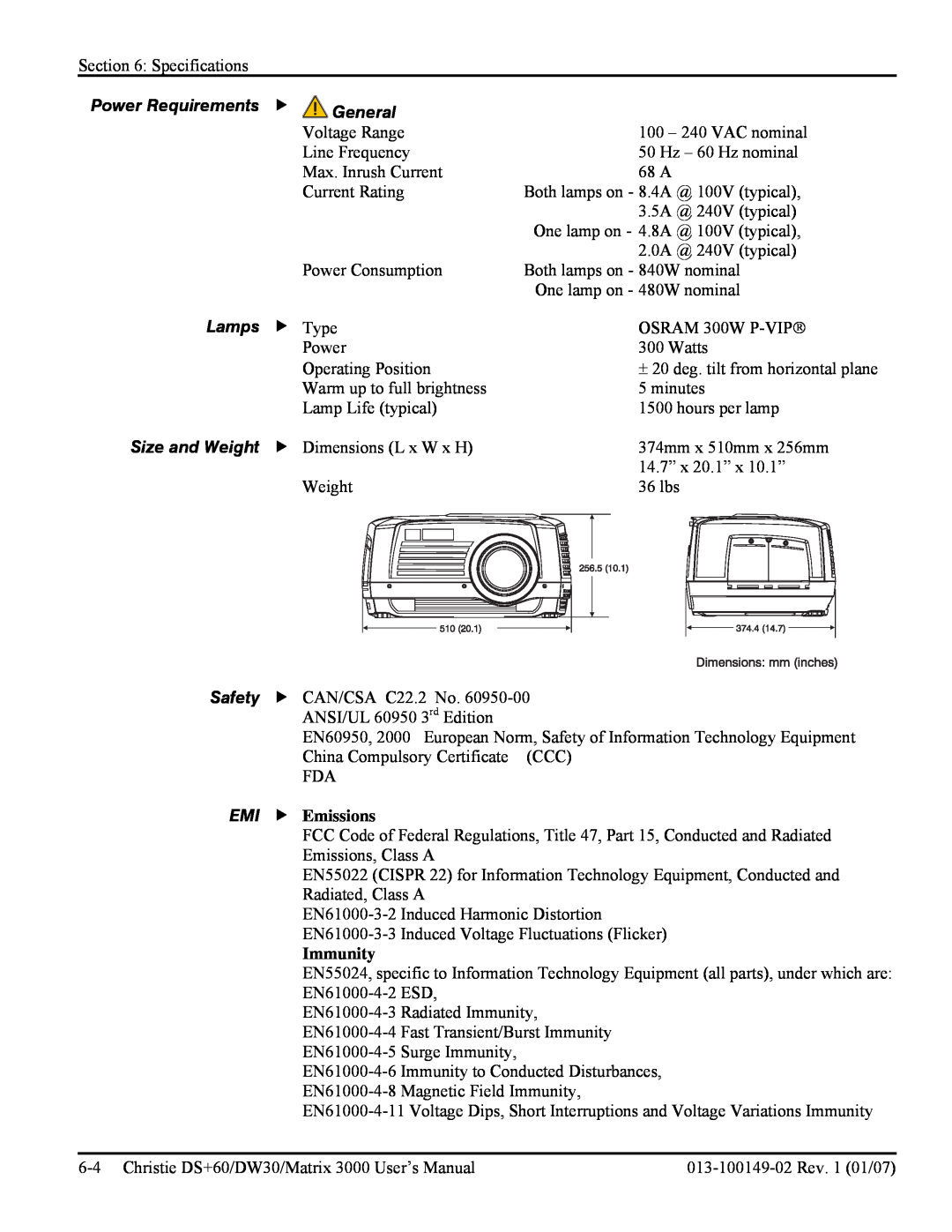 Texas Instruments DW30, MATRIX 3000 user manual General, Lamps f Type, Size and Weight, EMI f Emissions, Immunity 