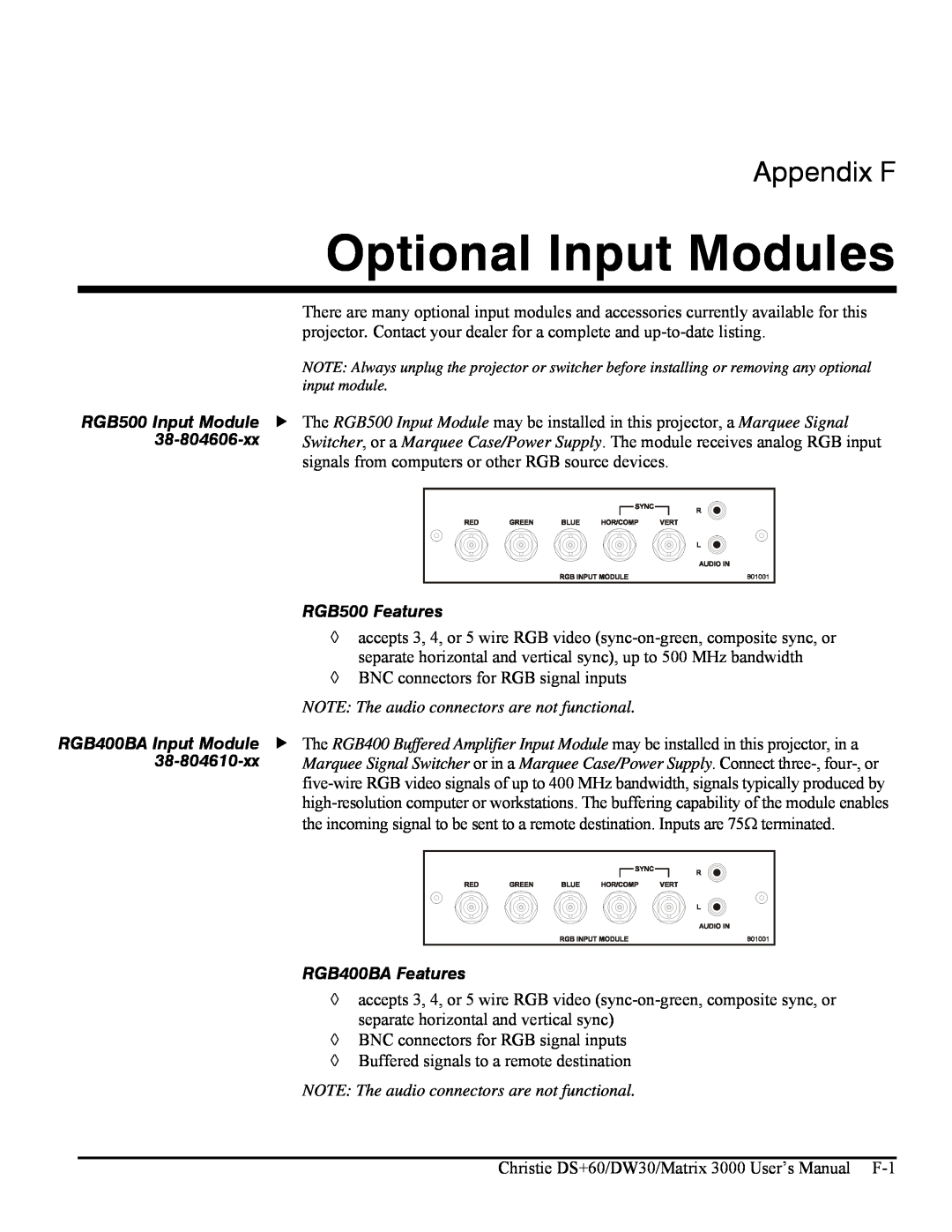 Texas Instruments MATRIX 3000, DW30 Optional Input Modules, Appendix F, RGB500 Input Module, 38-804606-xx, RGB500 Features 