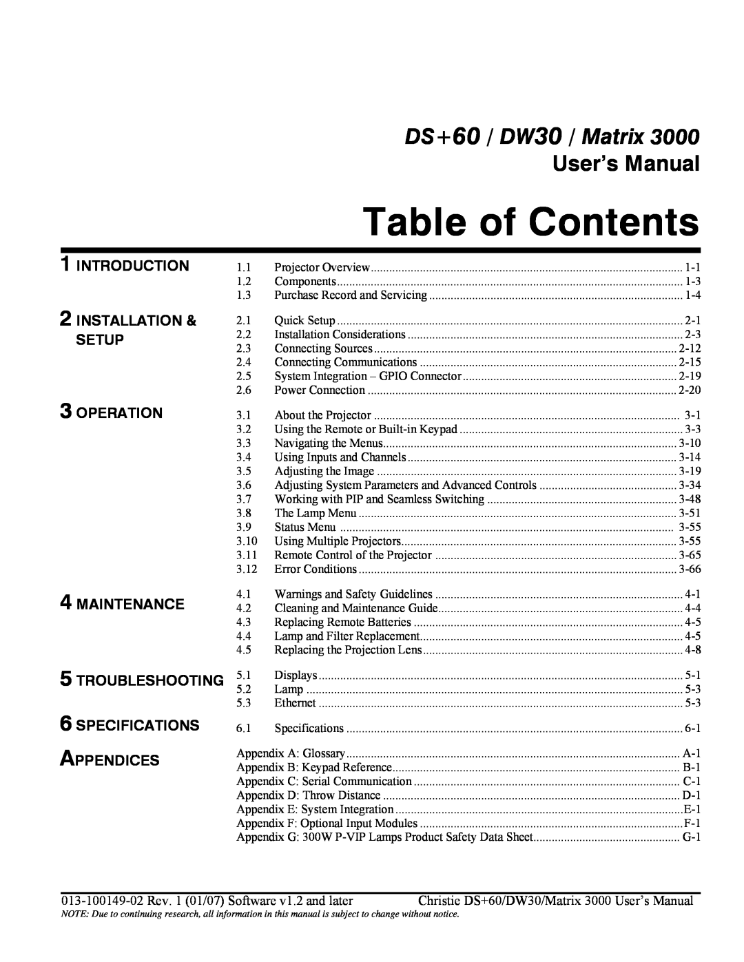 Texas Instruments MATRIX 3000 Table of Contents, Introduction, INSTALLATION & SETUP 3 OPERATION, Maintenance, Appendices 