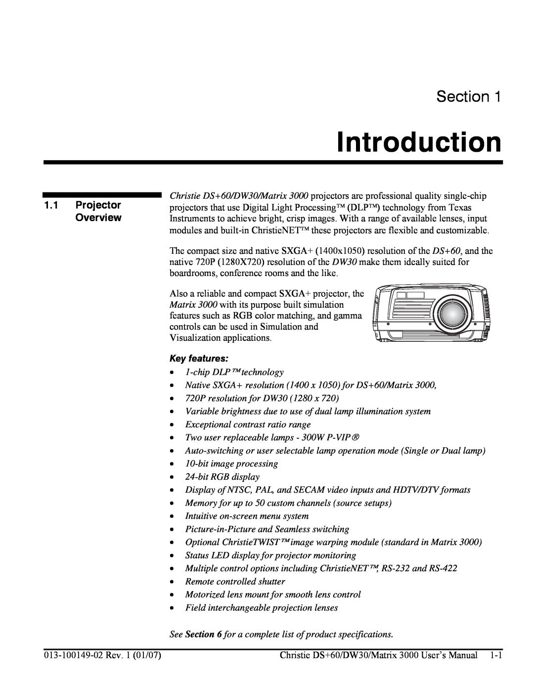 Texas Instruments MATRIX 3000, DW30 user manual Introduction, Section, Projector Overview, Key features, chip DLP technology 