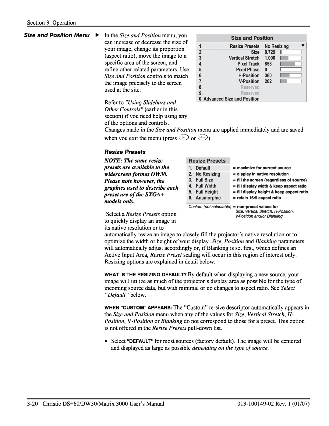 Texas Instruments DW30, MATRIX 3000 user manual Refer to Using Slidebars and Other Controls earlier in this, Resize Presets 