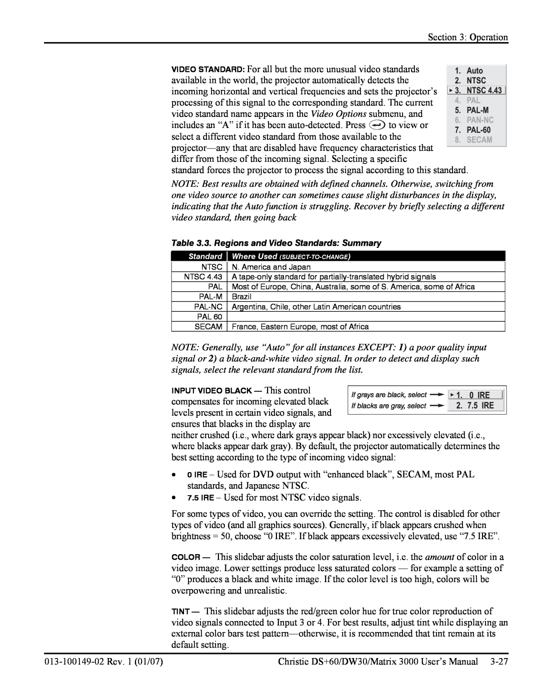 Texas Instruments MATRIX 3000, DW30 user manual 3. Regions and Video Standards Summary 