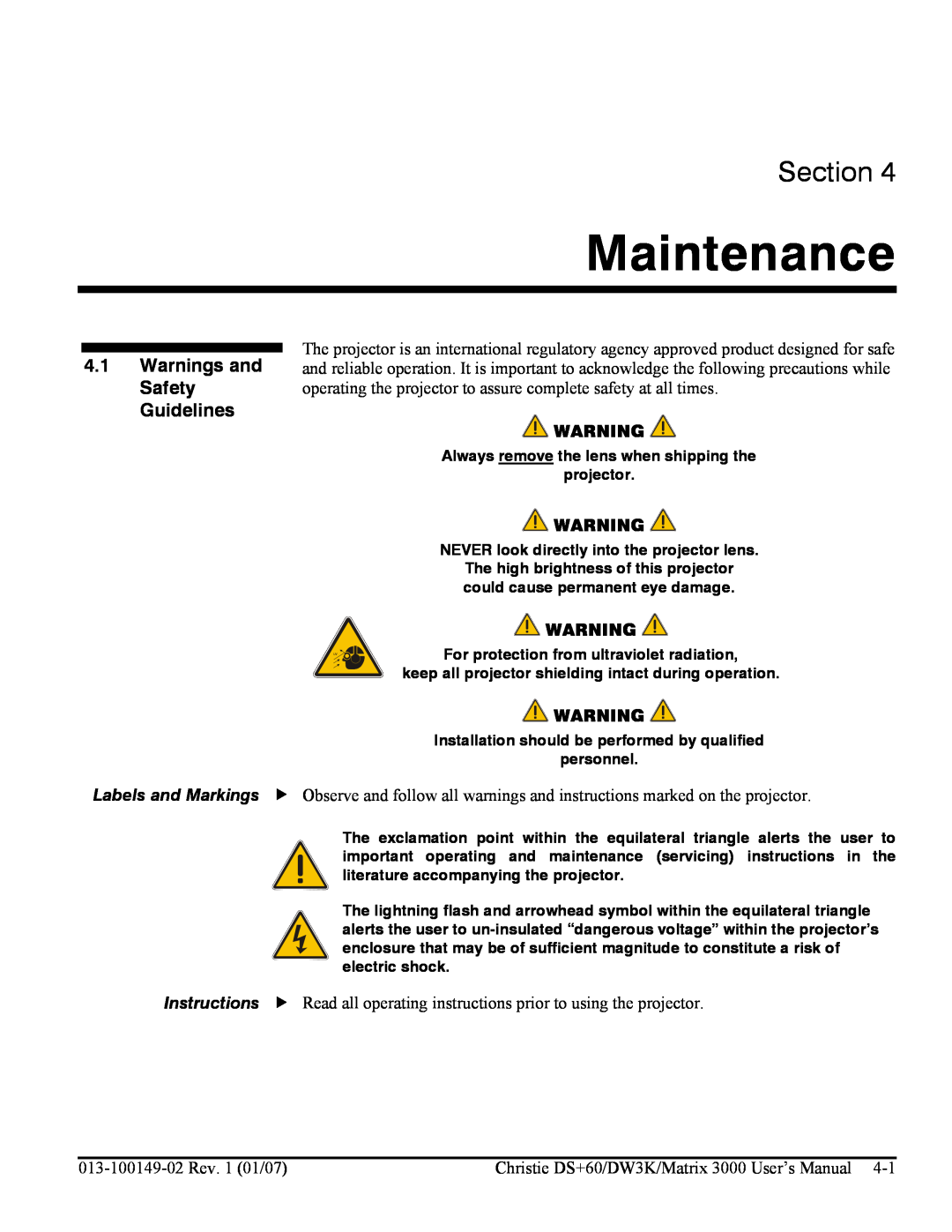 Texas Instruments MATRIX 3000, DW30 user manual Maintenance, Warnings and Safety Guidelines, Section 